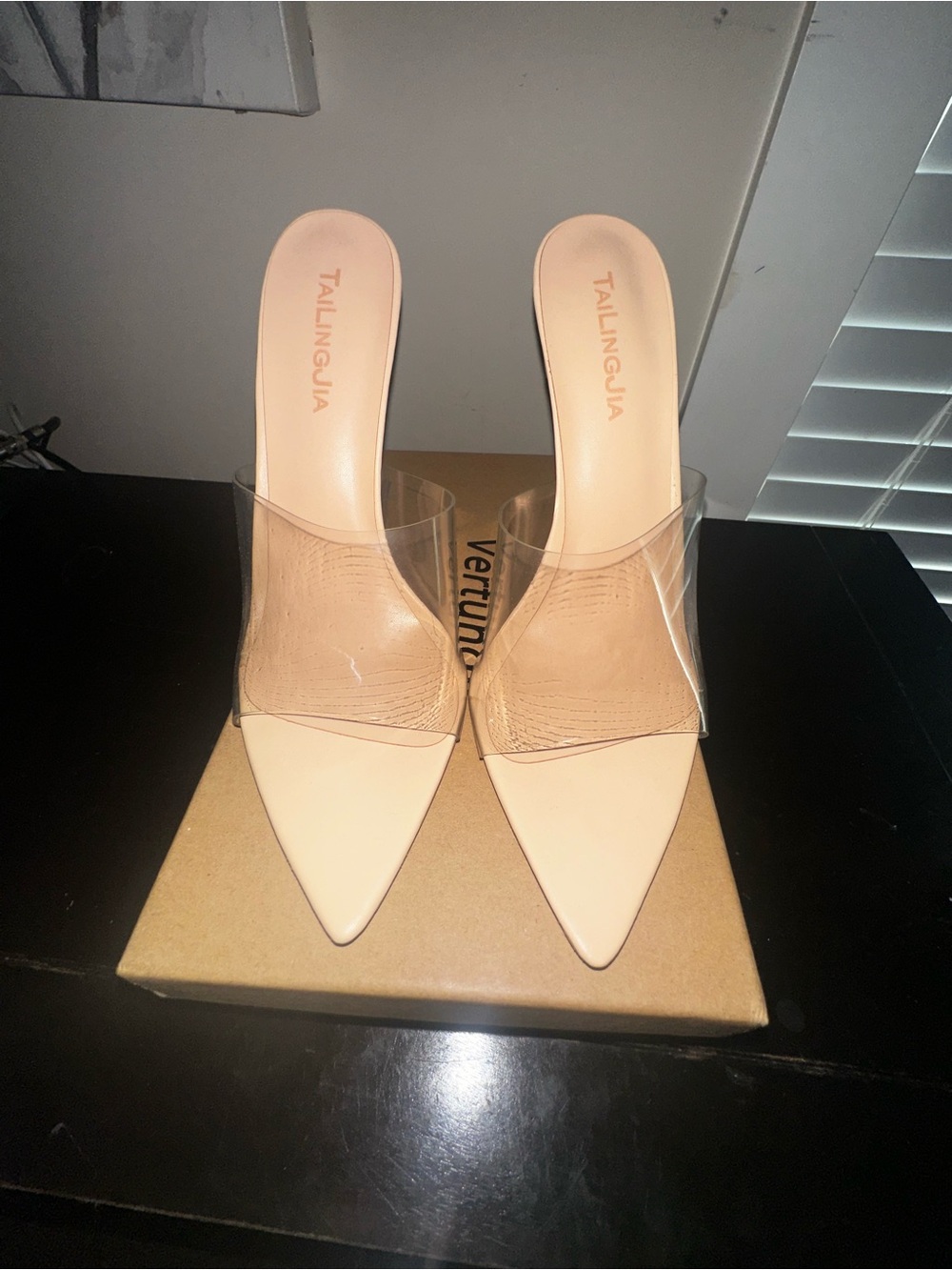 Fashion Nova Nude Pointed Clear Band Mule Heels